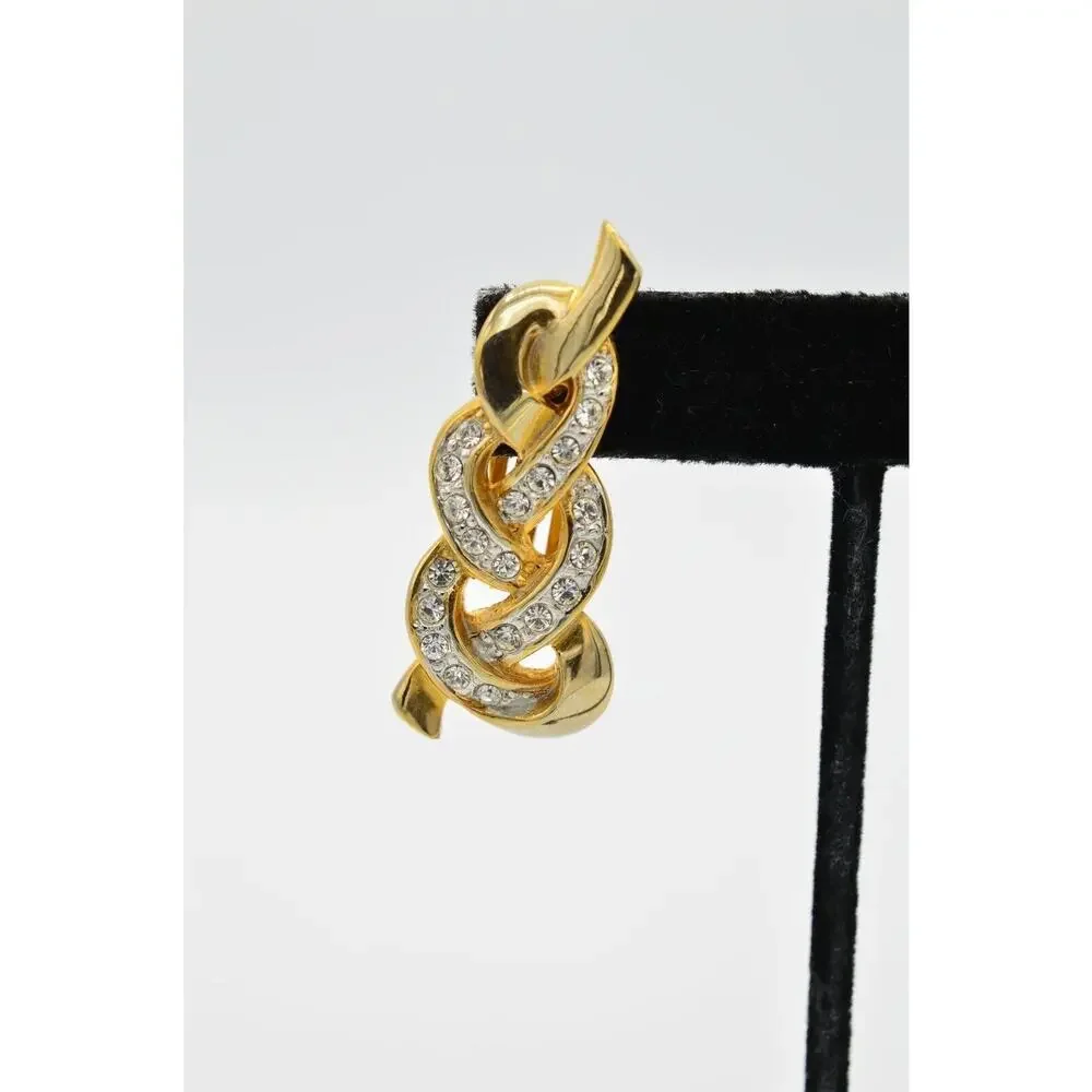 Vintage Crystal Clip On Earrings Chunky Braid Drop Gold Rhinestone NOS 1980s 9L